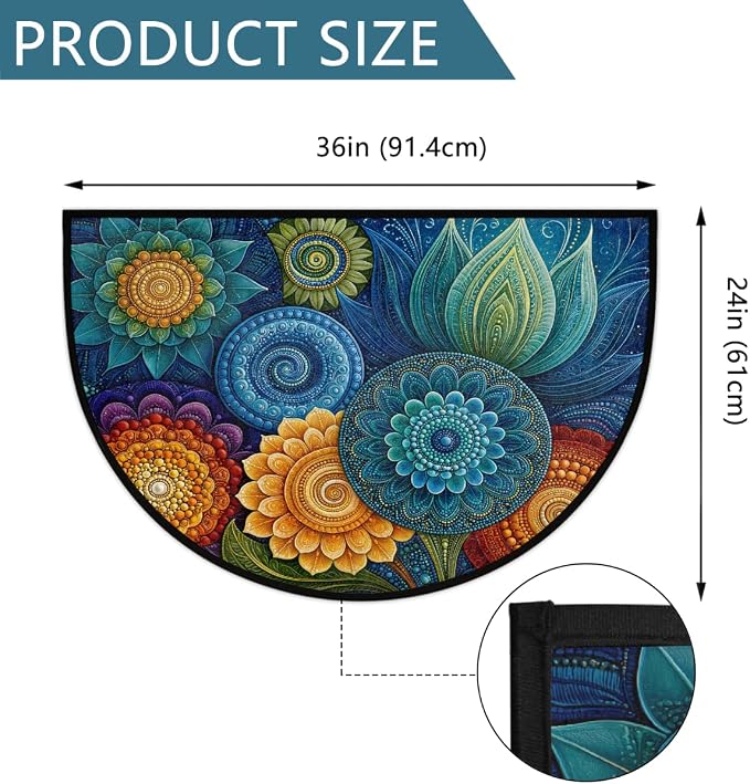 Mandala Half Round Door Mat Non Slip Half Circle Rugs | Flower Color Washable Half Moon Rug Semi Circle Rugs Indoor Entrance Floor Carpet for Kithen Bedroom Fireplace Decor