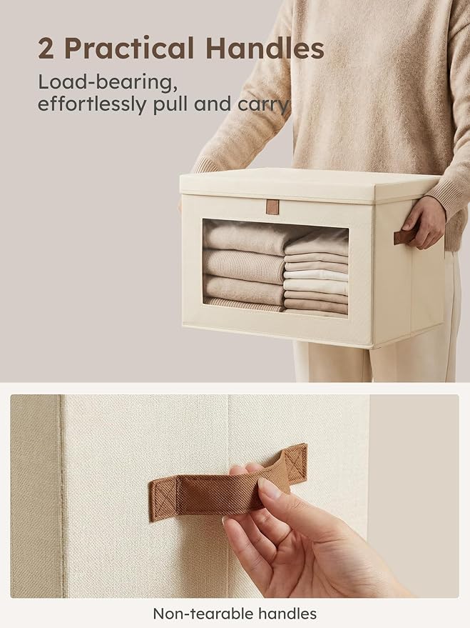 Homsorout Medium Fabric Storage bins - Collapsible Storage Bins with Open Window, 3 Pack Closet Baskets for Shelves, Stackable Decorative Boxes for Home, Dorm, Beige, 13.7"x 9.8" x 9.8"