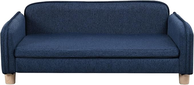Big Sized Dog Bed -Wooden Frame Pet Sofa Couch, Washable Cushion Cat Couch, Linen Fabric Dog Sofa and Chair for Medium Pet Rest. (Blue)
