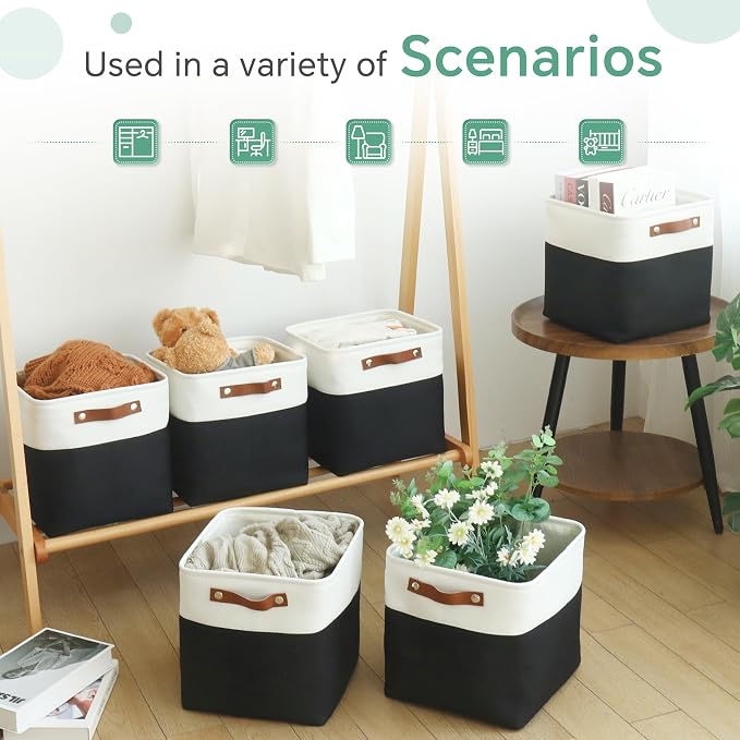 FinishingBo 11 inch Cube Storage Bin 6 Pack, Cube Organizer Bins | Fabric Storage Bins With Handles, 11x11 Storage Cubes, Shelf Basket, White/ Black