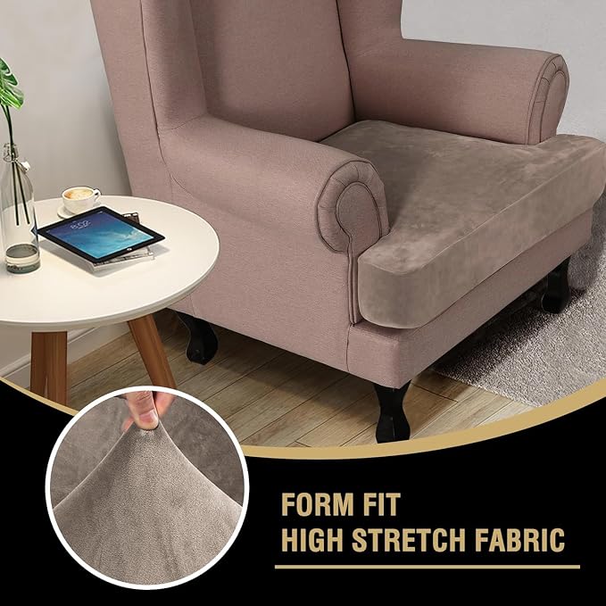 H.VERSAILTEX Stretch Velvet T Cushion Chair Covers for Living Room Armchair Sofa Cover Couch Cover Slipcover T Cushion Seat Cover Stay with Elastic Bands(Armchair, Taupe)