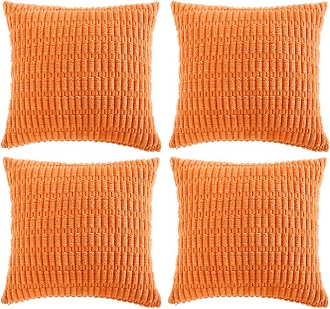 Fancy Homi 4 Packs Orange Fall Decorative Throw Pillow Covers 14x14 Inch for Couch Bed Sofa, Halloween Pumpkin Autumn Home Decor, Soft Cute Plush Corduroy Striped Cushion Case 35x35 CM