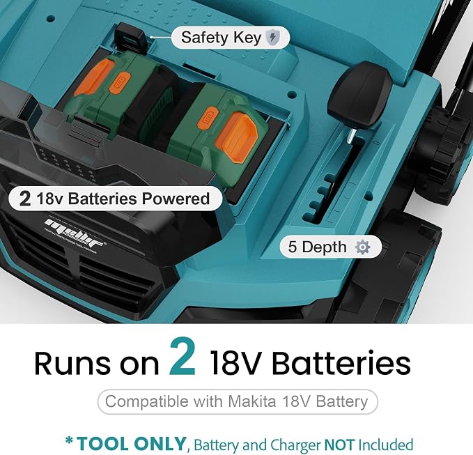 Cordless Lawn Dethatcher and Scarifier Compatible with Makita 18V Battery | Tool Only, 15" Electric Brushless Dethatcher, 36V Dual Battery Powered, Air Boost Technology, 12-Gal Collection Bag, 5 Depths