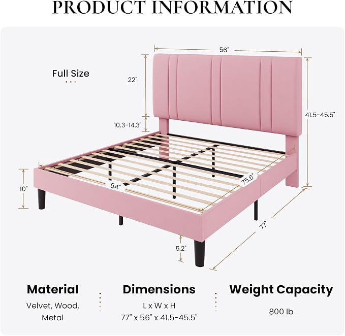 SHA CERLIN Full Size Velvet Bed Frame with Adjustable Headboard, Pink | Vertical Channel Tufted Design, Upholstered Platform Bed, Wood Slats Support/No Box Spring Needed/Easy Assembly