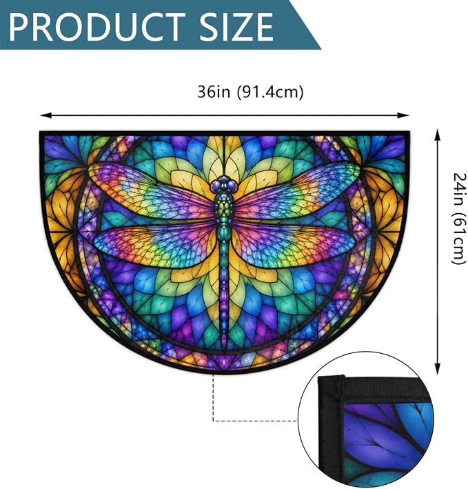 Dragonfly Half Round Door Mat Outdoor Doormat Bedroom Entrance Rug A6 | Dragonfly Colored Glass Painting Semi Moon Door Mat Non-Slip Absorbent Kitchen Rug Indoor Welcome Bath Mat 36" X 24"