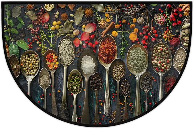 Spices Half Round Doormat Non-Slip Semi Circle Rug Half Moon Mat | Chili Kitchen Spoon Washable Soft Absorbent Indoor Outdoor Entrance Kitchen Bathroom Sink Patio Welcome Fireplace Floor Rug
