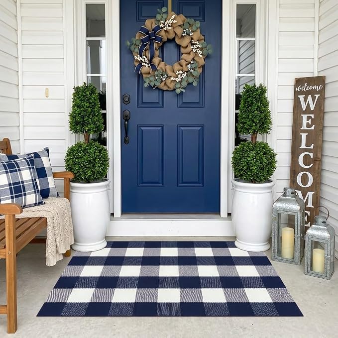 Buffalo Plaid Rug 2'4''x 3'7'' Navy Blue and White Front Door Mat Reversible Layered Porch Rug Washable Hand Woven Cotton Area Rug for Indoor Outdoor Entryway Patio Porch Decor