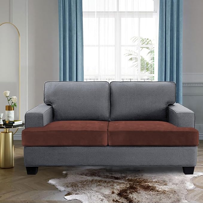 H.VERSAILTEX Stretch Velvet 2 Piece T Cushion Sofa Slipcovers for Living Room Individually Sofa Covers for 2 Cushion Seat Cushion Covers Stay with Elastic Bands (Sofa, Burnt Brick)