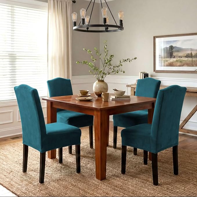 H.VERSAILTEX Velvet Dining Chair Covers Stretch Chair Covers for Dining Room Set of 2 Parson Chair Slipcovers Chair Protectors Covers Dining, Soft Thick Solid Velvet Fabric Washable, Deep Teal