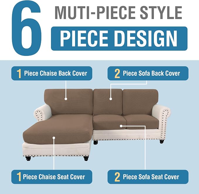 H.VERSAILTEX Sectional Couch Covers 3 Pieces Sofa Seat Cushion Covers L Shape Separate Cushion Couch Chaise Cover for Both Left/Right Sectional Couch (Seat Only: 1 Chaise + 2 Sofa, Macchiato)