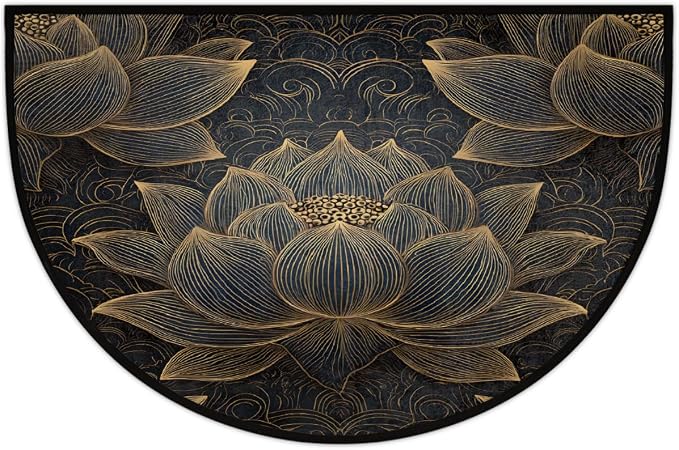 Golden Lotus Half Round Door Mat Non-Slip Semi Circle Rug Half Moon Doormat | Golden Lotus Flowers Soft Washable Welcome Entrance Mat for Outdoor Indoor Floor Bedroom Bathroom Home Kitchen Festival Decor