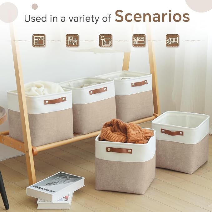 FinishingBo 11 inch Cube Storage Bin 6 Pack, Cube Organizer Bins | Fabric Storage Bins With Handles, 11x11 Storage Cubes, Shelf Basket, White/ Khaki
