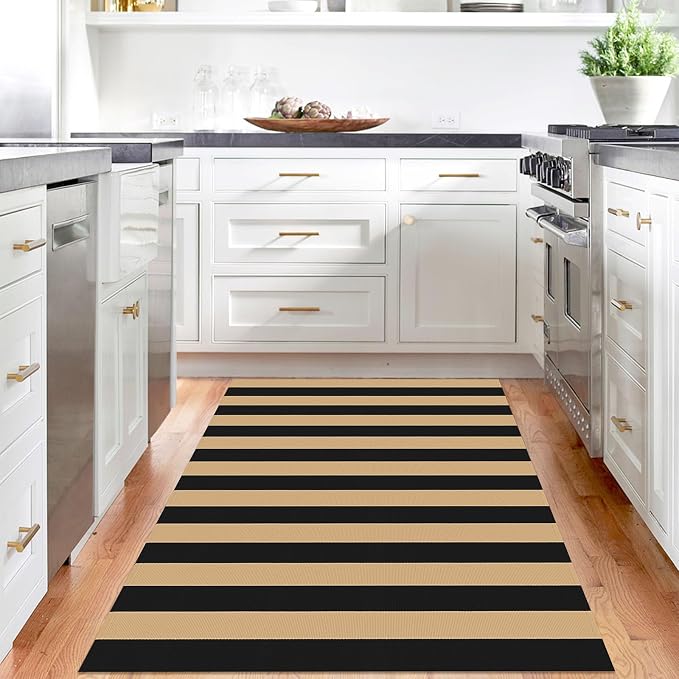 IOHOUZE Black Tan Striped Rug 4x6 Ft Front Door Mats Outdoor, Washable Rug for Front Porch Decor, Spring Summer Welcome Mats Outdoor Indoor, Doormat for Farmhouse/Entryway/Home Entrance