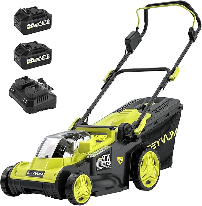 SEYVUM 40V 16" Cordless Lawn Mower with 2×4.0Ah Battery, 45L Collection Bag | 6-Position Height Adjustment, 2.4A Fast Charger Included
