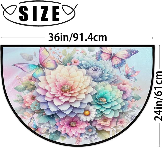 Butterfly Half Round Door Mat Non Slip Half Circle Rugs | Flower Animal Washable Half Moon Rug Semi Circle Rugs Indoor Entrance Floor Carpet for Kithen Bedroom Fireplace Decor