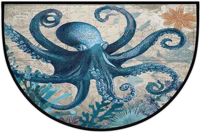 Octopus Half Round Doormat Semi Circle Rug Half Moon Rug Entryway Mat | Octopus Vintage Washable Non Slip Outdoor Floor Rug Kitchen Mat for Indoor Outdoor Bathroom Fireplace Bath Decor