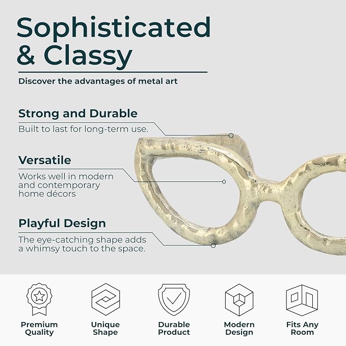 Cateye Glasses Decorative Object – Aluminum Sculpture Modern Home Decor Ornament – Shelf Styling & Coffee Table Decor for Bathroom, Office & Living Room – 7"x3", Gold