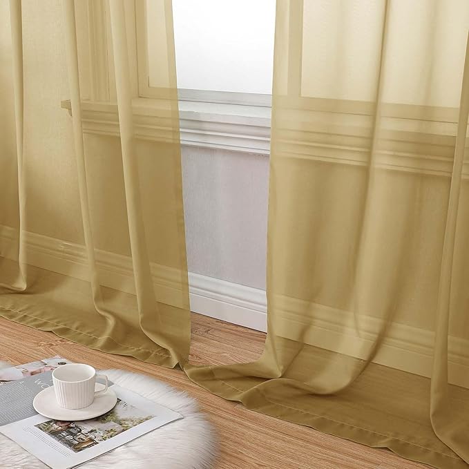Gold Sheer Curtains 90 Inches Long 2 Panels Set for Bedroom Living Room, Soft Airy Light Filtering Modern Solid Rod Pocket Drapes Window Treatments, Gold, Each 59" W x 90" L