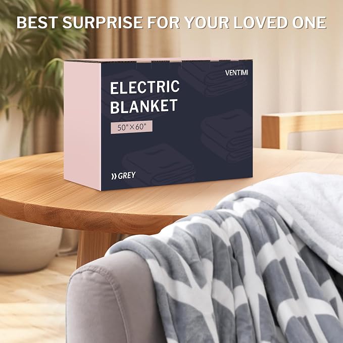 Heated Throw Blanket, 5 Heat Levels & 3 Hours Auto Off, Grey | ETL & FCC, fast warming, 50" x 60", flannel and sherpa, couch office use, machine washable, removable controller