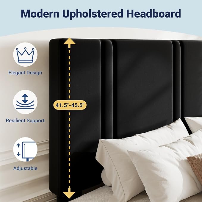 Allewie Full Size Platform Bed Frame with Adjustable Headboard | Plush Velvet Upholstered, Vertical Channel Tufted, Sturdy Wood Slats, No Box Spring Needed, Easy Assembly, Black