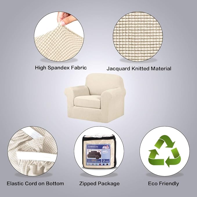 H.VERSAILTEX Stretch 2 Piece Armchair Cover Chair Covers for Living Room Furniture Cover Suit for T Cushion/Box Cushion, Spandex Jacquard Fabric Small Checks(Armchair-Oversized, Natural)