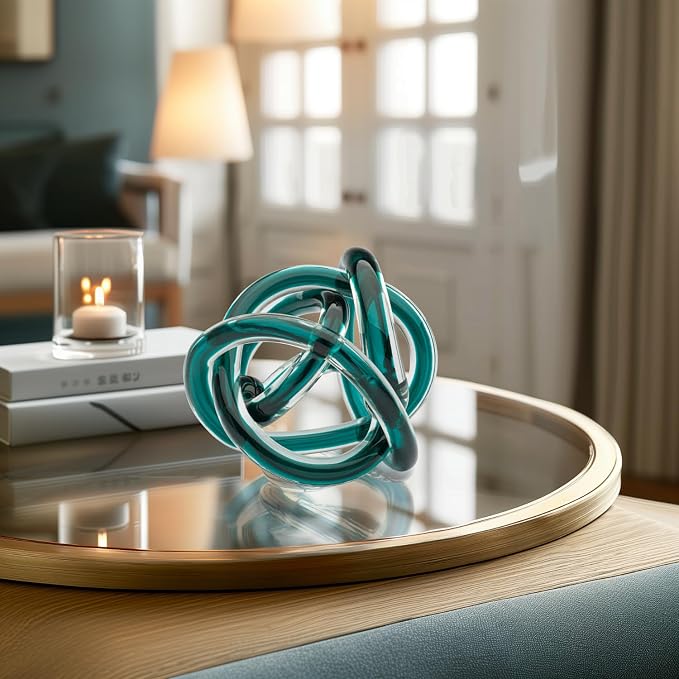 Torre & Tagus Orbit Hand Blown Glass Infinity Knot Sculpture - 4.5 Inch Glass Art Teal Knot Decor Ball for Home Decor, Small Centerpiece Table Decoration for Home Interior (Clear Teal)