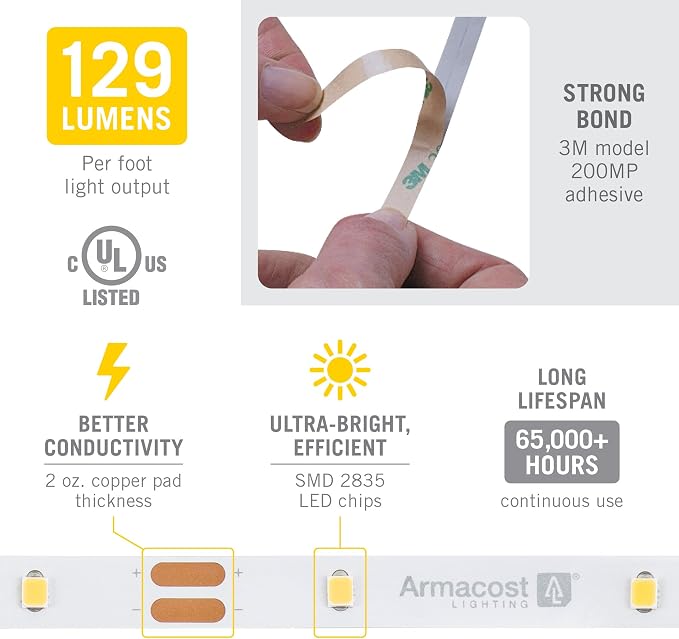 Armacost Lighting RibbonFlex Pro 12V White LED Strip Lights 30 LED/m, 5000K, 8.2 ft, 161210