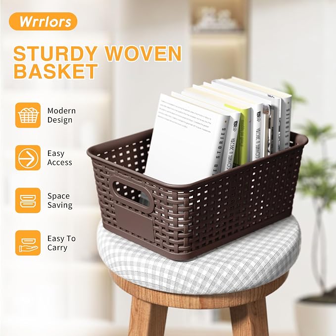 8 Pack Plastic Storage Baskets,Brown Stackable Storage Bins | 5.3qt Storage Containers with Labels for Organizing Shelves Drawers Desktop Closet Playroom Classroom Office