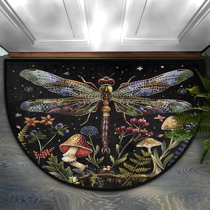 Dragonfly Half Round Doormat Non-Slip Semi Circle Rug Half Moon Mat | Mushroom Leaf Flower Washable Soft Absorbent Indoor Outdoor Entrance Kitchen Bathroom Sink Patio Welcome Fireplace Floor Rug