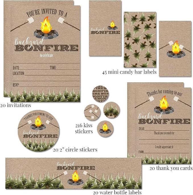 Backyard Bonfire Birthday Party Bundle Includes 20 each of Invitations & Thank You Cards with Envelopes + 2 Different Sizes of Stickers, Mini Candy Bar Wrappers, & Water Bottle Labels!