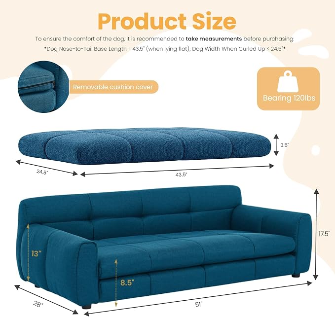 51" XL Dog Bed Couch, Elevated Large Dog Sofa with Backrest and Armrests, Soft Memory Foam Extra Large Pet Bed with Removable Cushion, Durable Linen Pet Couch Furniture, Dark Blue