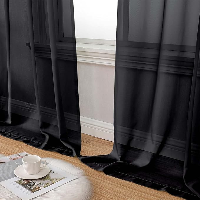 Extra Long Sheer Black Curtains for Bedroom Living Room 120 Inches Long 2 Panels Set, Solid Soft Light Filtering Rod Pocket Sheer Window Curtains, Black, Each 42" Wx120 L Inch