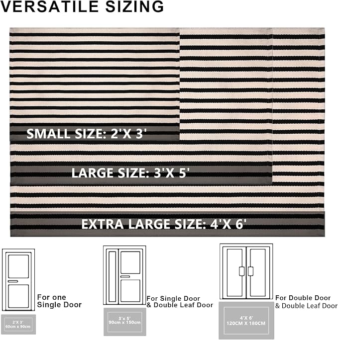 Black and White Striped Rugs, 4'x6' Area Rug Washable Indoor Outdoor Rug Cotton Hand-Woven Farmhouse Layered Double Door Mats for Front Porch, Patio, Entryway, Laundry Room, Bedroom