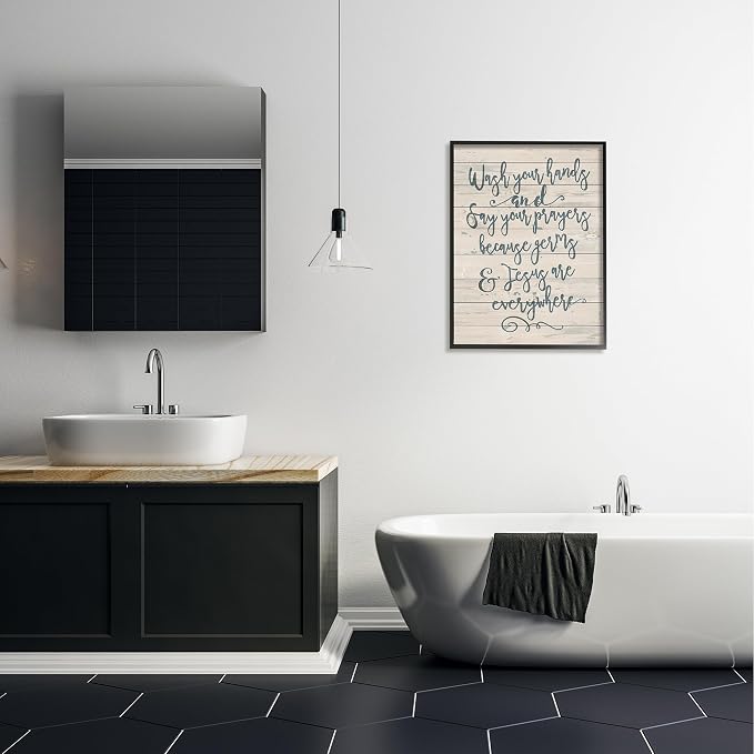 Stupell Industries 'Blue Script Germs and Jesus Cursive Planked Look Typography', Framed Giclee Art, Black, 24 x 30 Inches, Easy to Hang and Sturdy, Made in USA, by Jo Moulton