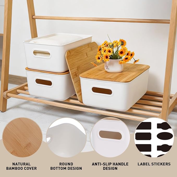 Citylife Storage Bins with Bamboo Lids 16QT Plastic Storage Containers Stackable Organizer Boxes with Handle for Desk Snacks, Toys, 2 PCS, 15" L x 10.6" W x5.8 H