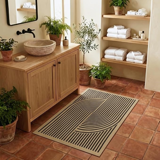 Brown Area Rug, 2x3, with a Black Geometric Modern Design, Abstract Line Pattern, Non-Slip TPE Backing, Low Pile, Washable, Easy to Clean, Suitable for Living Room, Bedroom and Entryway.