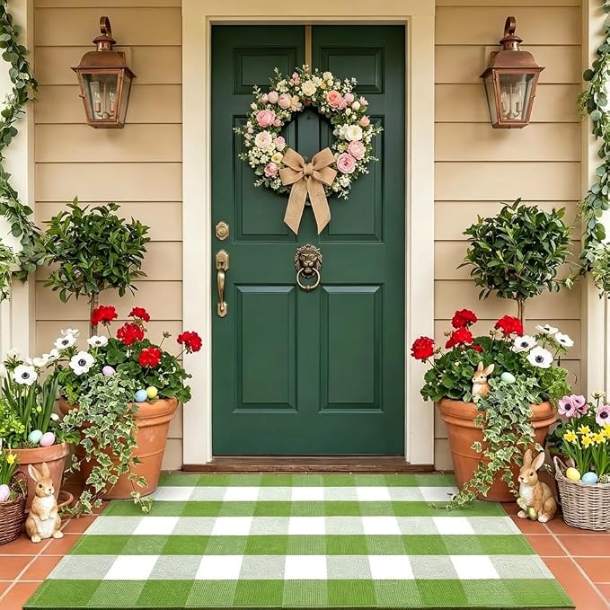 Buffalo Plaid Outdoor Rug 27.5" x 43" Grass Green and White Checkered Area Rug Washable Doormats Indoor Outdoor Rugs for Layered Front Door Mats, Porch, Entryway, Kitchen, Farmhouse