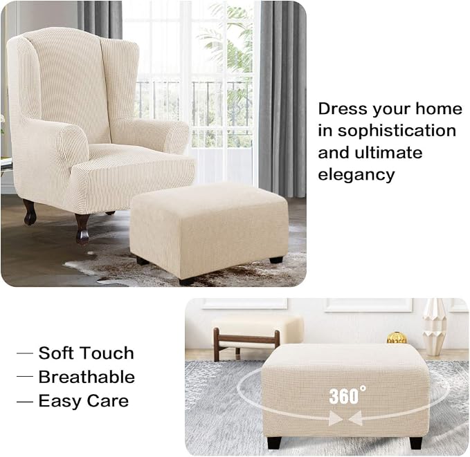 H.VERSAILTEX Ottoman Cover Slipcover Rectangle Fit Length 29'-34' Footrest Sofa Slipcovers Stool Cover Footstool Protector Covers Feature Stretch Thick Jacquard Fabric Removable Washable - Natural