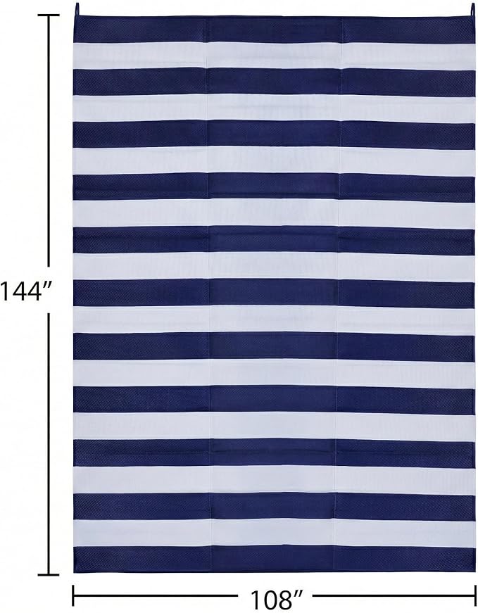FH Home Outdoor Camping Rug - Waterproof, Fade Resistant, Reversible - Premium Recycled Plastic - Striped - Large Patio, Deck, Sunroom, RV - Brittany Stripe - Blue & White - 9 x 12 ft Foldable