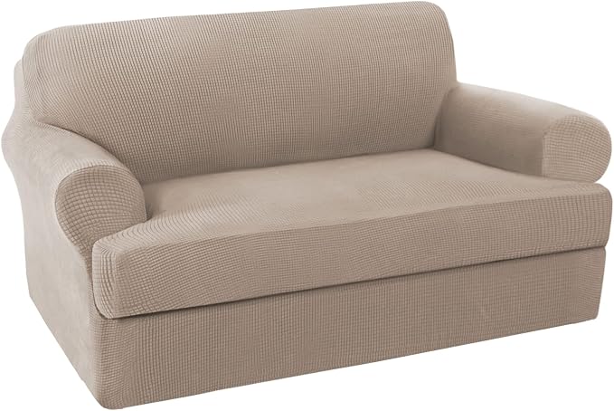 H.VERSAILTEX 2 Pieces Loveseat Covers Fit Lovesat Width Up to 70 Inch Furniture Cover/Protector, Jacquard Spandex Stretch Loveseat Slipcovers Suit for T Cushion/Box Cushion (Loveseat, Sand)