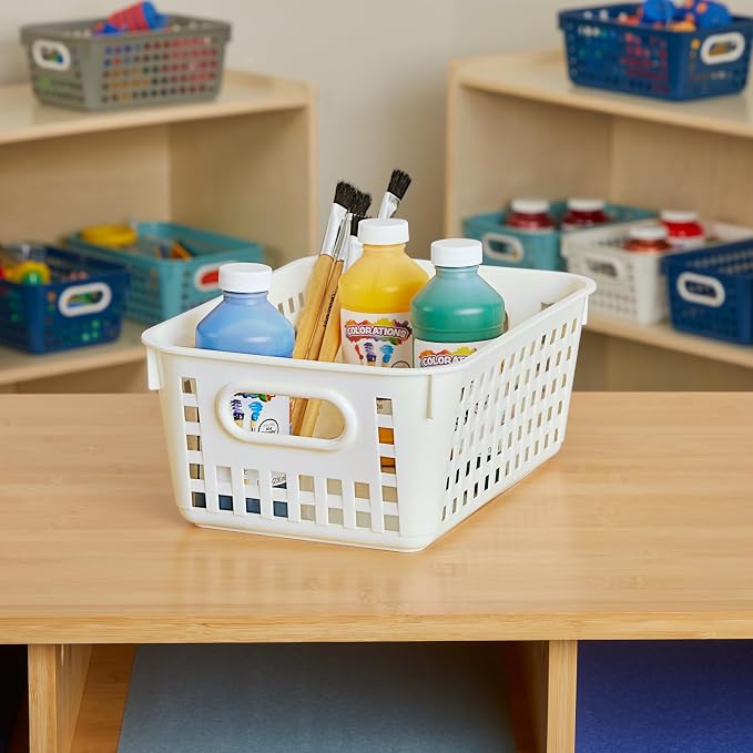 Really Good Stuff Medium Plastic Book Baskets, 11" by 7.5" by 4.5", 6-Pack | Neon Group Colors, Versatile Storage Solution for Classroom, Home, & Office