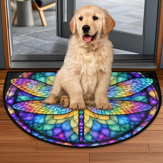 Dragonfly Half Round Door Mat Outdoor Doormat Bedroom Entrance Rug A21 | Dragonfly Semi Moon Door Mat Non-Slip Absorbent Kitchen Rug Indoor Welcome Bath Mat 36" X 24"