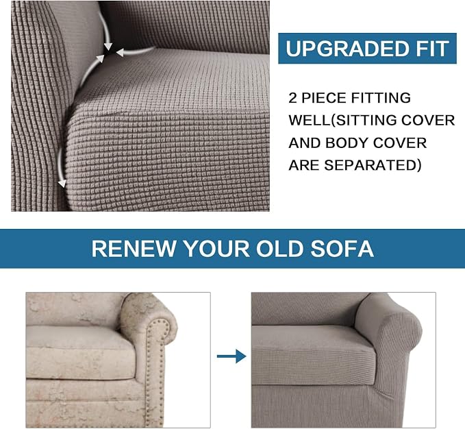 H.VERSAILTEX Stretch 2 Piece Armchair Slipcover Chair Covers for Living Room Furniture Cover Suit for T Cushion/Box Cushion, Spandex Jacquard Fabric Small Checks(Armchair-Standard, Taupe)