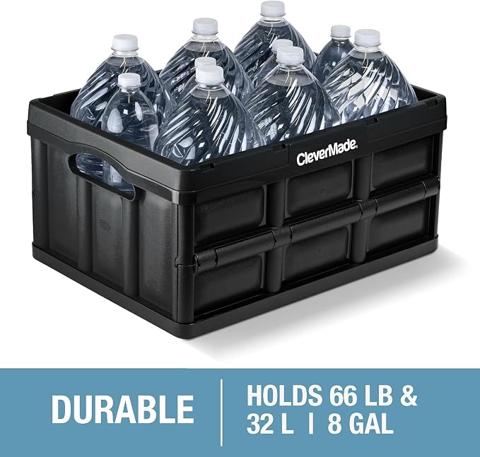 CleverMade Collapsible Storage Bins, 32L 3 Pack, Durable Plastic, Stone | Reinforced plastic handles groceries, tools, and sports gear. Interlocking bins stack open and nest compactly when folded.