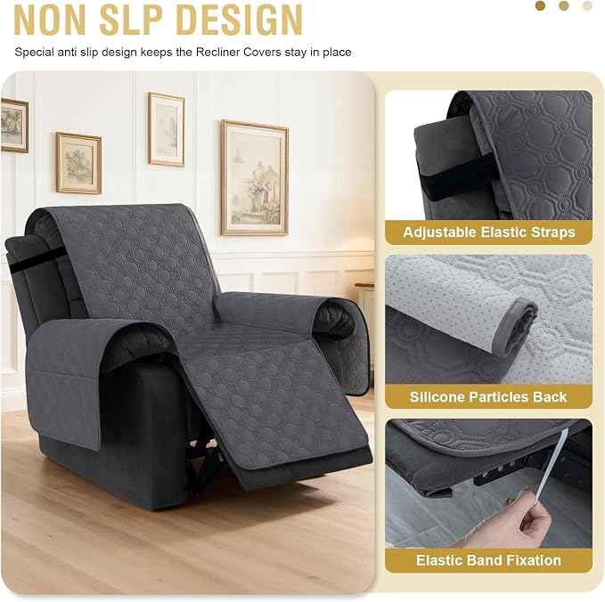 H.VERSAILTEX 100% Waterproof Recliner Chair Covers, Recliner Covers Non-Slip Stay in Place, Thick Cover for Recliner Chair with Pocket, Dog Couch Cover Protector Washable(Grey, 25")