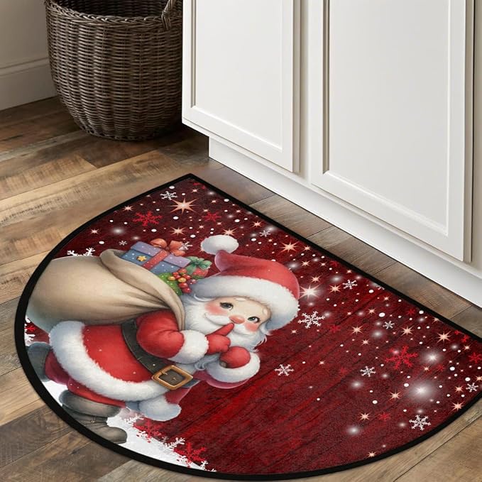 Santa Claus Half Round Door Mat Semi Moon Rug Fireplace Carpet Area Rugs | Christmas Santa Claus Non Slip Absorbent Half Circle Mat Carpet for Indoor Outdoor Patio Kitchen Bathroom Entryway Home Decor