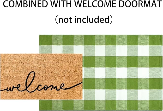 Green and White Outdoor Rug 27.5''X 43.3'' Buffalo Checked Porch Rug Cotton Woven Washable Layering Door Mat for Welcome Door Mat Porch Entryway Bedroom Living Room