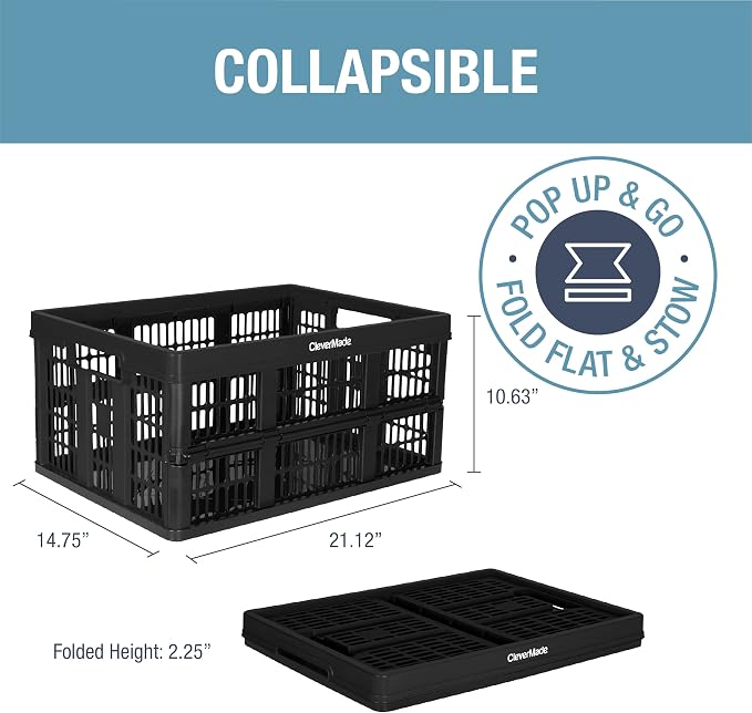 CleverMade Collapsible Utility Crates, 45L, 3 Pack, Obsidian | Interlocking crates stack open or folded and carry 66 lb each. Side handles make groceries, tools, and gear easier to move.