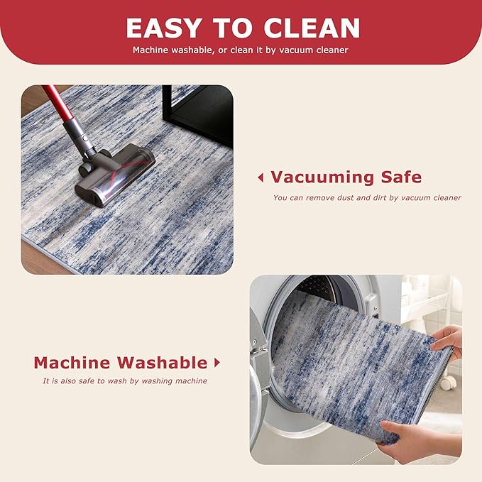 KOZYFLY Washable Area Rug 5x7 Modern Ombre Living Room Thin Area Rug Non-Slip Soft Striped Rug for Bedroom, Print Grey-Blue Abstract Carpet for Laundry Kid Room