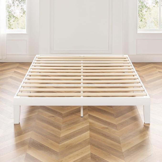 Mellow Naturalista Classic 12 Inch Solid Wood Platform Bed with Wooden Slats, Full, White